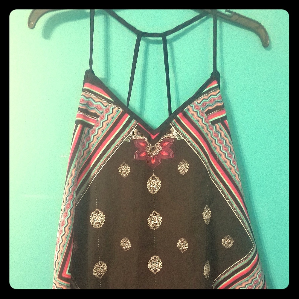Black Patterned Spaghetti Strap Tank